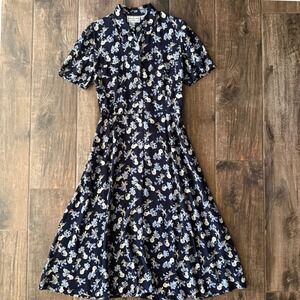 Vintage Karin Stevens Petites Paris Floral Bouquets Midi Dress, Navy Cream,L